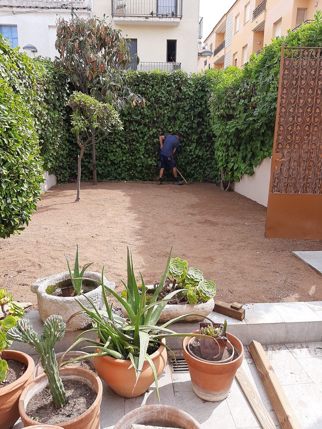Zona enjardinada d'una comunitat durant els treballs